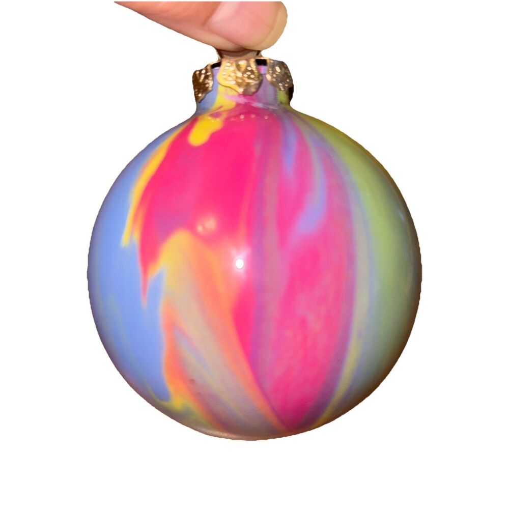 Hand Painted Abstract Acrylic Pour Swirl Christmas Glass Ball Holiday Ornament